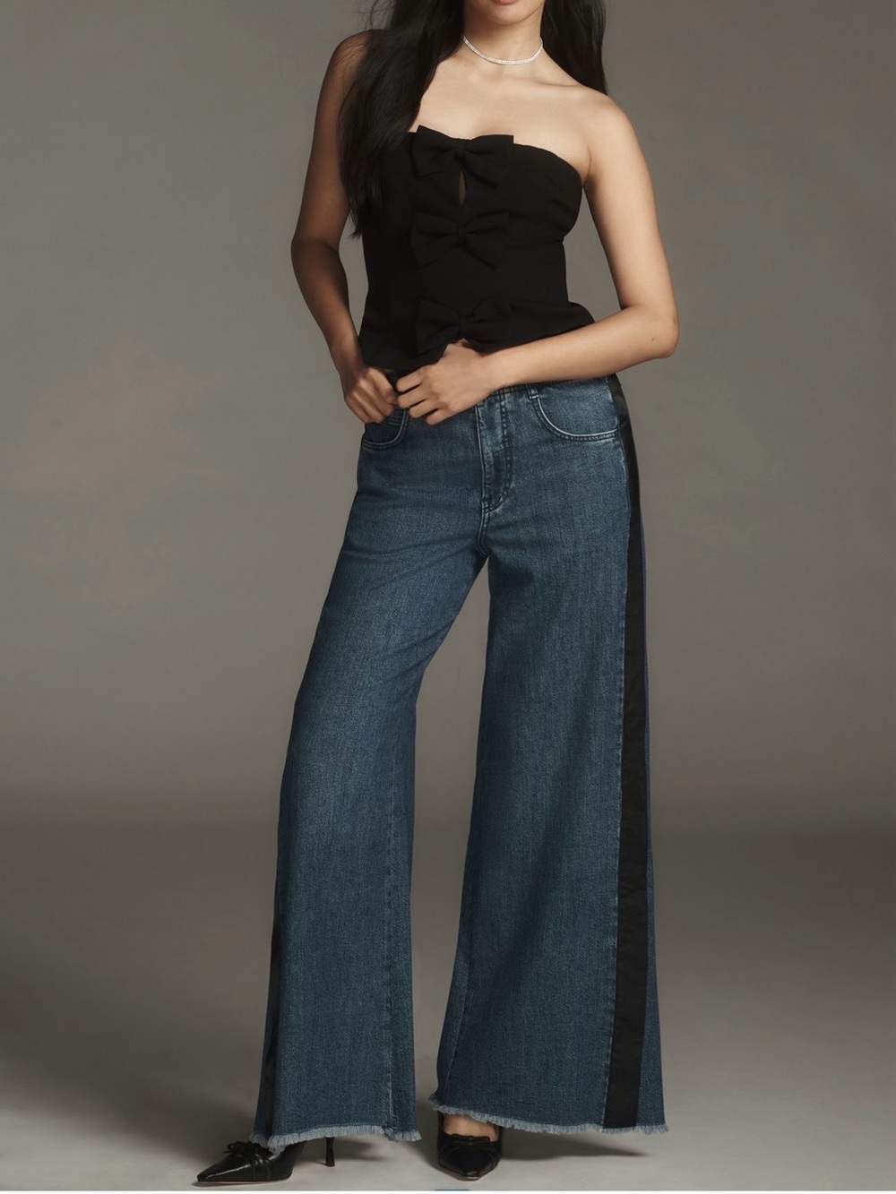 Pilcro Two-Tone Dark Blue Wide-Leg Jeans with Black Side Panel